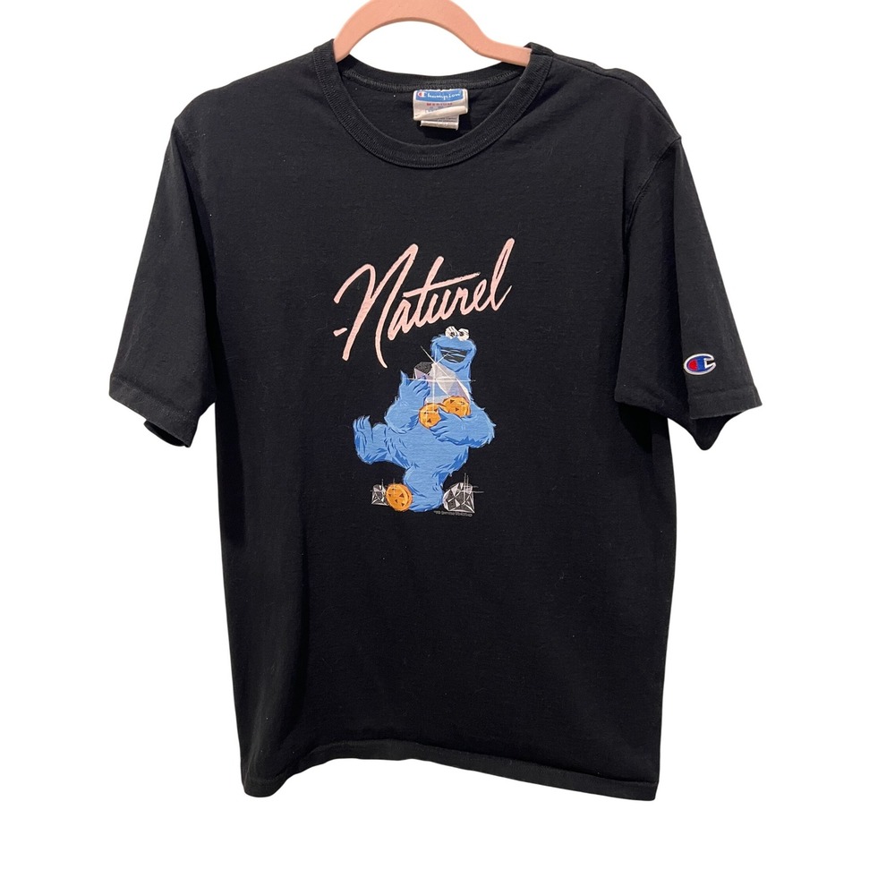 Champion Naturel Cookie Monster T-Shirt Black Graphic‎ Print Mens Medium